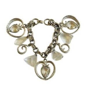 VTG Lucite Chunky Charm Bracelet beaded Dangle Silver Runway Swirl Italy rare 7"